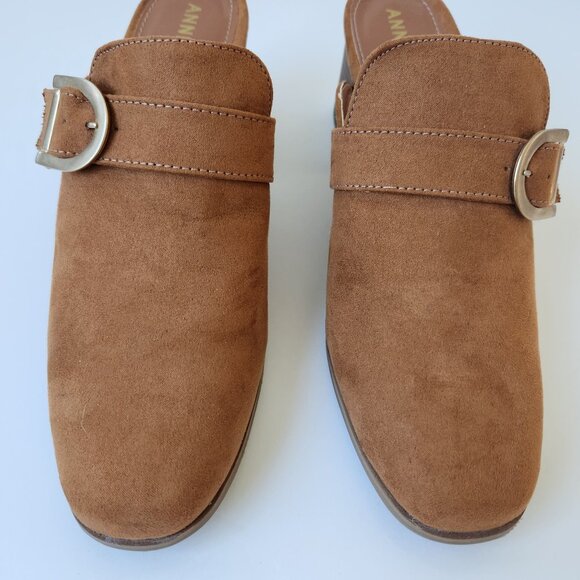 Anne Klein Brown Block Heel Mules Faux Suede Buckle Slip On Business Casual 10 - Picture 4 of 14